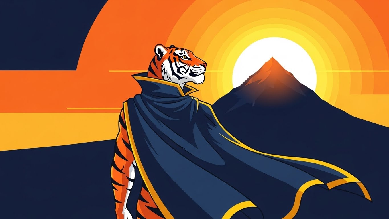 떠오르는 태양을 바라보며 새로운 주의 성공적인 로드맵을 설계하는 당당한 호랑이띠 캐릭터 그래픽
