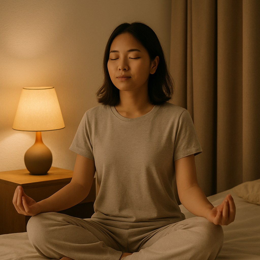 침대 옆 조명 아래 편안히 앉아 명상하는 젊은 여성의 모습, 숙면을 위한 수면 루틴 실천 장면