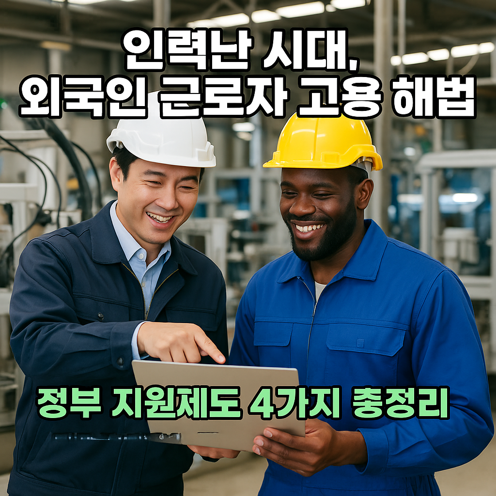 제조 현장에서 협력하며 웃는 한국인 관리자와 외국인 근로자