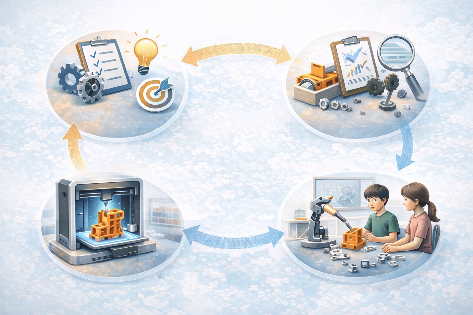 교육 현장에서 3D 프린터 수업을 설계하는 목표 과제 출력 평가 흐름을 아이콘과 화살표로 정리한 요약 다이어그램 이미지