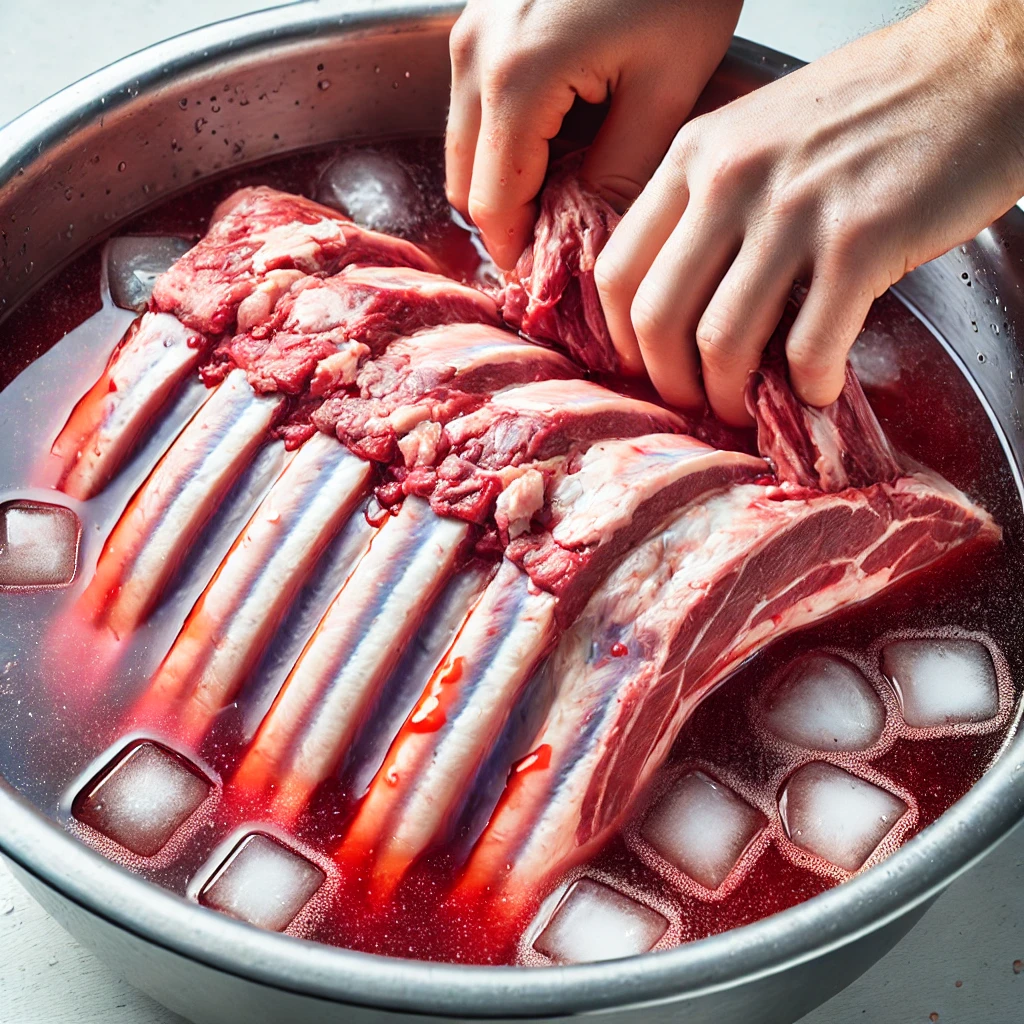 1️⃣ 핏물 제거하기
돼지갈비는 핏물을 제거해야 잡내 없이 깔끔한 맛을 낼 수 있어요!
🔹 갈비를 찬물에 1시간 정도 담가두면서 중간에 한두 번 물을 갈아주세요.
🔹 또는 끓는 물에 5분 정도 데쳐서 잡내를 제거하는 방법도 좋아요!
🔹 데친 후 찬물에 헹궈 불순물을 깨끗이 제거하세요.