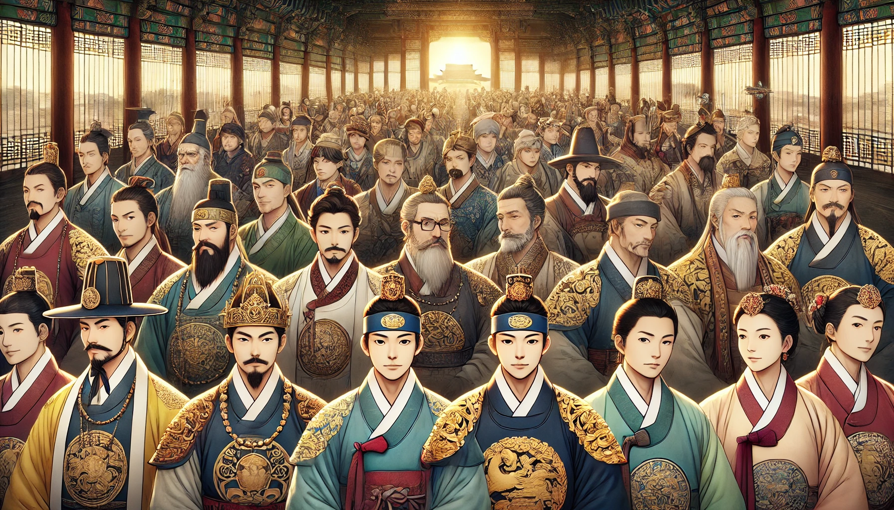 많은 왕들과 백성들이 궁 통로에 줄서 있는 모습