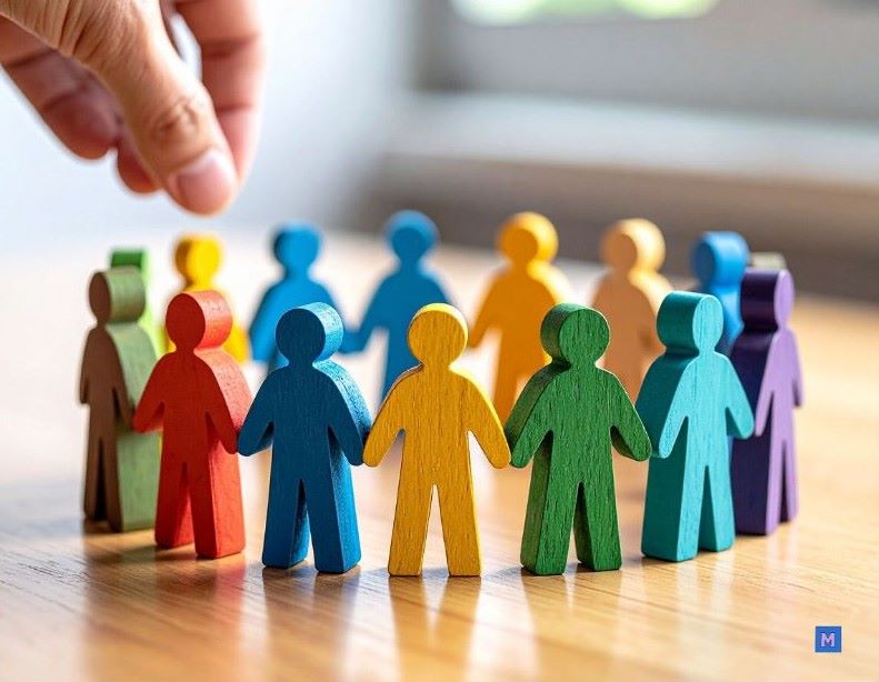 손으로 배치되는 다채로운 색상의 나무 사람 인형들이 원형으로 둘러서 있는 모습, 신용사면 정책의 다양한 이해관계자를 상징 via Canva