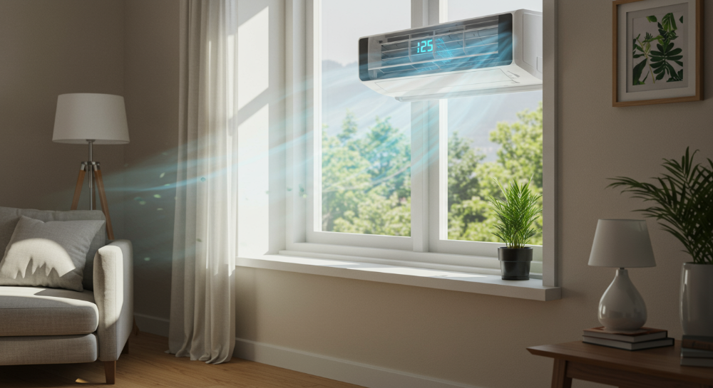 2025년형 창문형 에어컨이 설치된 쾌적한 방의 모습, 창문 밖으로 보이는 푸른 풍경과 실내에 흐르는 시원한 바람이 강조된 이미지