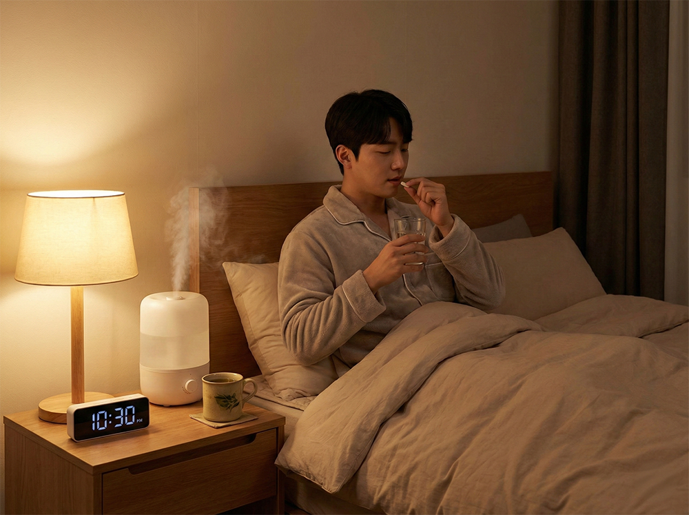 저녁 약 복용, 밤 코막힘 해결, 비염 숙면 루틴, 자기 전 관리, 침실 습도 조절