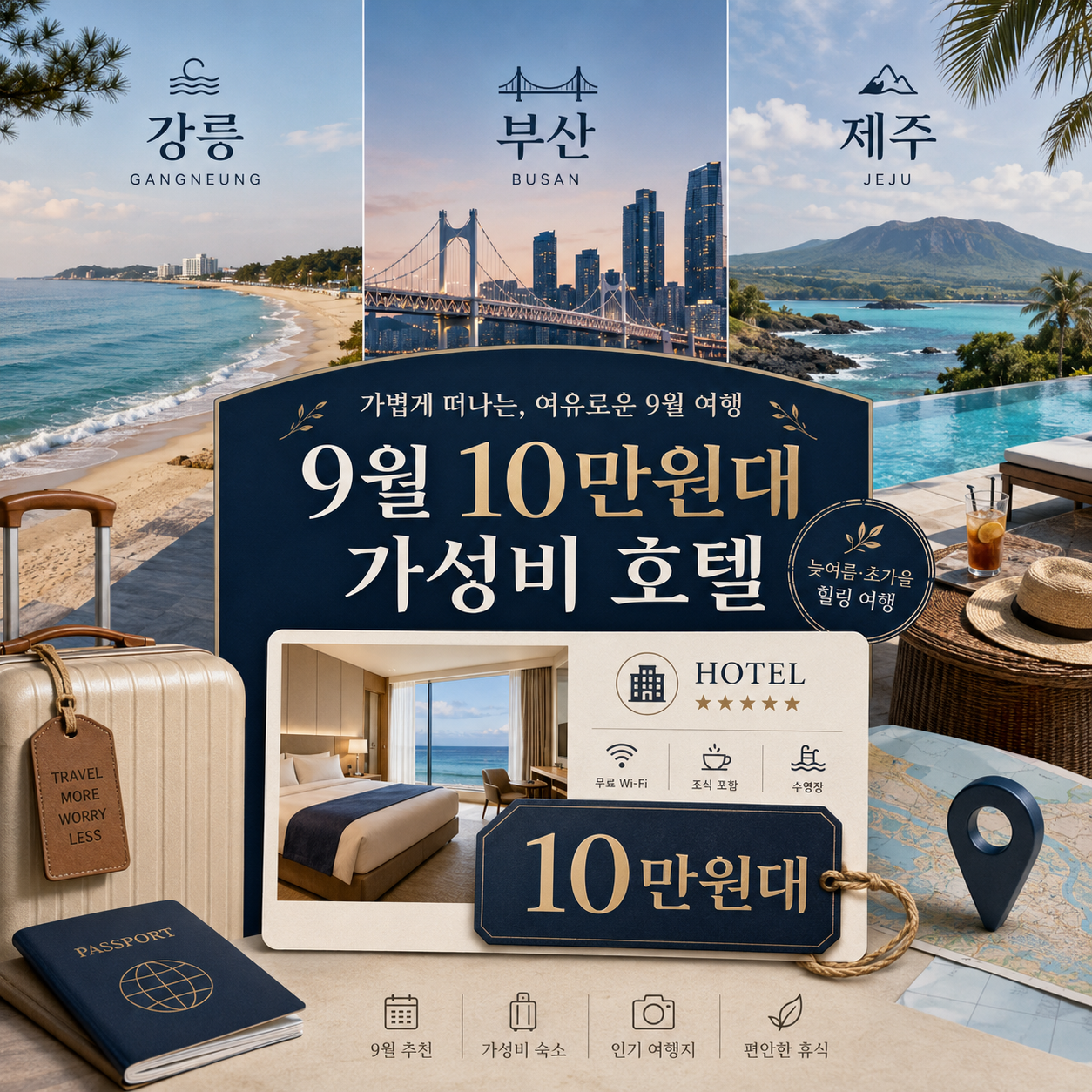 2026 9월 10만원대 가성비 호텔과 강릉 부산 제주 숙소를 비교한 대표 이미지