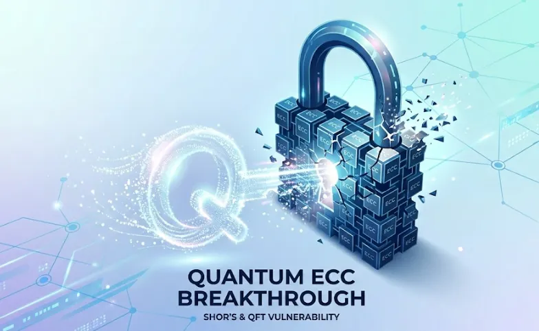 양자컴퓨터 비트코인 위협: 밝은 청록색 디지털 배경에 'Q' 형상의 양자 데이터 입자로 이루어진 빛나는 열쇠가 ECC 문구가 새겨진 암호 자물쇠를 해독하며 분해하는 장면입니다. 하단에는 세련된 서체로 'QUANTUM ECC BREAKTHROUGH' 문구가 배치되어 양자 컴퓨터가 기존 암호 체계를 무력화하는 과정을 전문적으로 묘사했습니다. (Quantum computing, ECC encryption breach, Shor's algorithm, QFT)