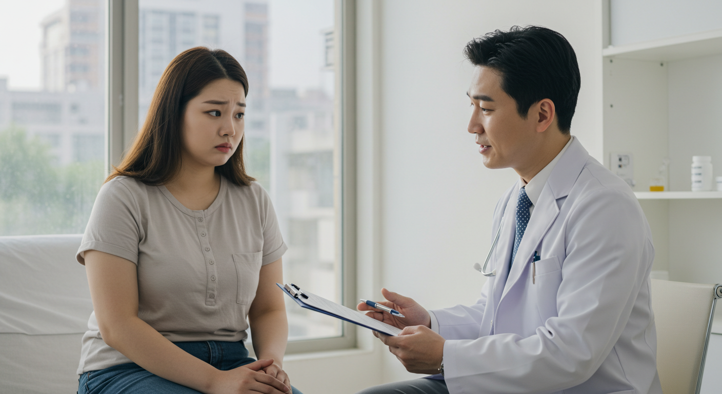 "한국인 환자가 비만 치료제 위고비와 마운자로 효과, 가격에 대해 의사와 상담하는 모습
