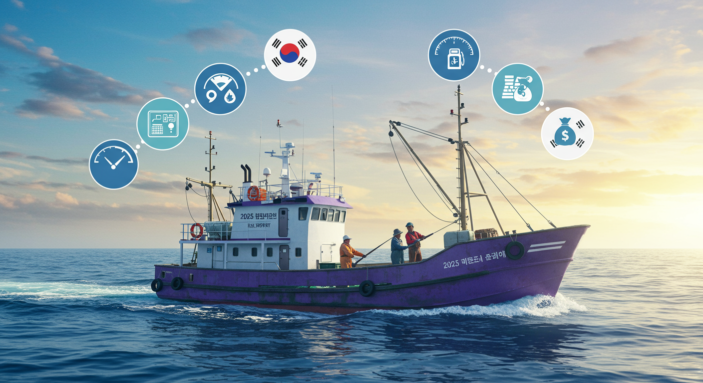 2025년 어업인 유류세 지원 정책을 상징하는 해양 일러스트레이션. 어선과 유류 지원 아이콘, 환하게 웃는 어업인들이 보인다.