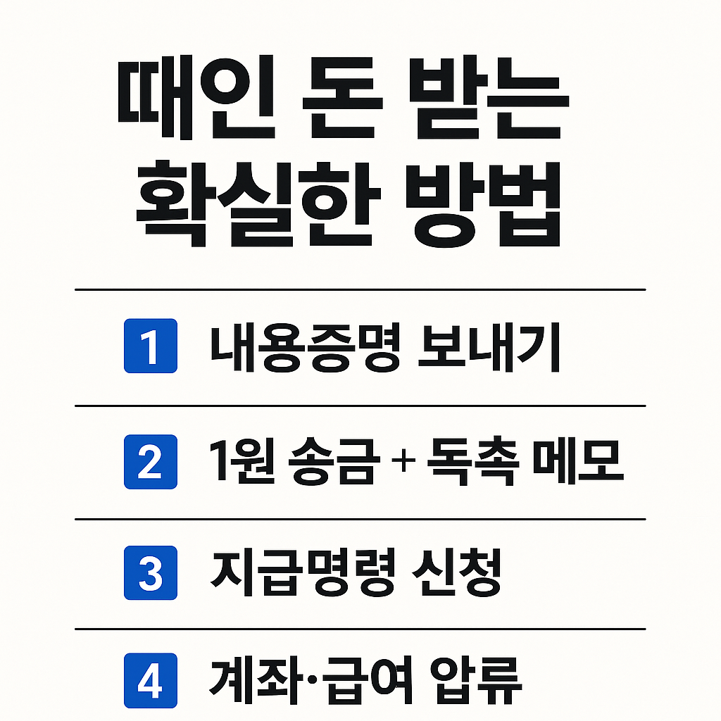 때인 돈 받는 방법 인포그래픽｜내용증명&middot;1원송금&middot;지급명령&middot;압류 절차 안내
