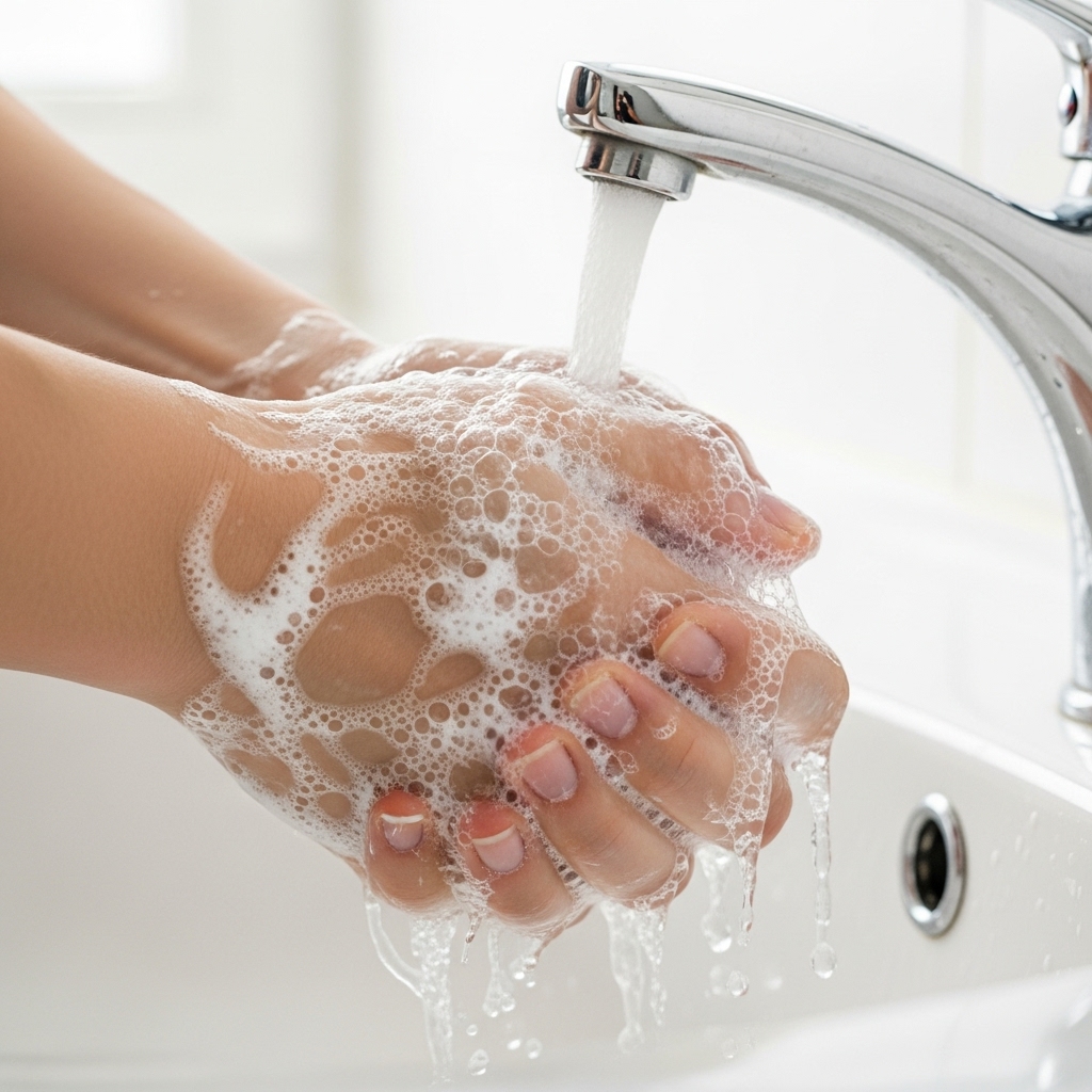 비누 거품을 내며 흐르는 물에 깨끗이 손을 씻는 모습. 철저한 위생 관리가 감기 예방의 첫걸음임을 강조합니다.