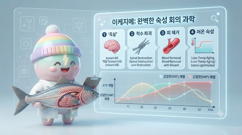 이케지메 마이스터'가 된 3D 쫀쿠가 생선을 해부학적으로 분석하고 있습니다. 4단계로 나뉜 이케지메 과정(즉살, 척수 파괴, 피 제거, 저온 숙성)이 입체적인 다이어그램으로 상세히 표현되었습니다. 각 단계마다 ATP 그래프와 감칠맛(IMP) 곡선이 함께 표시되어, 왜 이 과정이 과학적으로 최고의 맛을 끌어내는지 시각적으로 설명합니다.