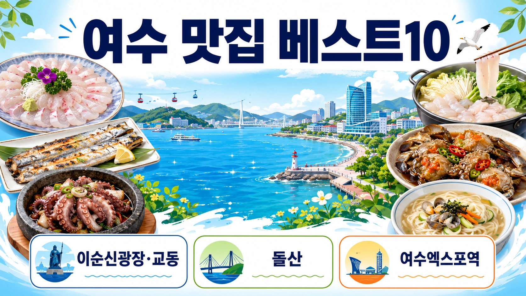 이순신광장&middot;교동, 돌산, 여수엑스포역 세 권역과 대표 메뉴를 보여주는 여수 맛집 베스트10 안내
