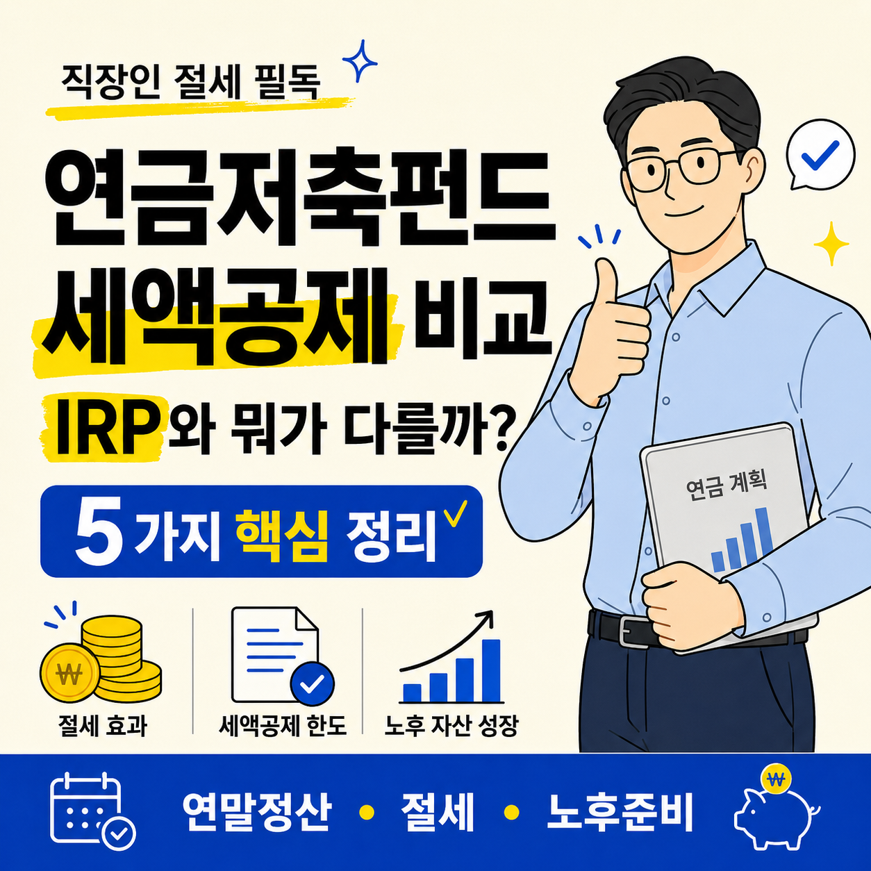 연금저축펀드 세액공제 비교와 IRP 차이를 설명하는 금융 정보 썸네일 이미지로, 직장인 캐릭터와 절세 효과, 세액공제 한도, 노후자산 성장 아이콘이 함께 배치되어 있다.