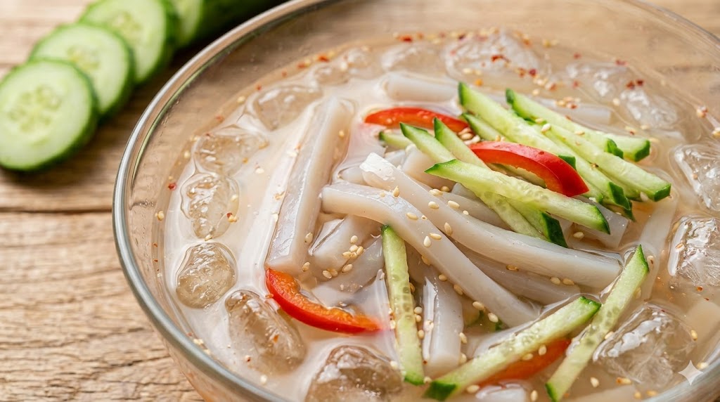 Close-up of diet-friendly agar-agar cold soup topped with sliced cucumbers, red chili flakes, and toasted sesame seeds in a clear ice broth
