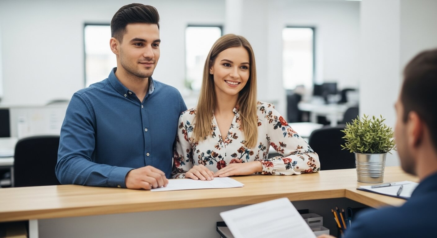 주민센터 창구에서 상담하는 외국인 청년 부부