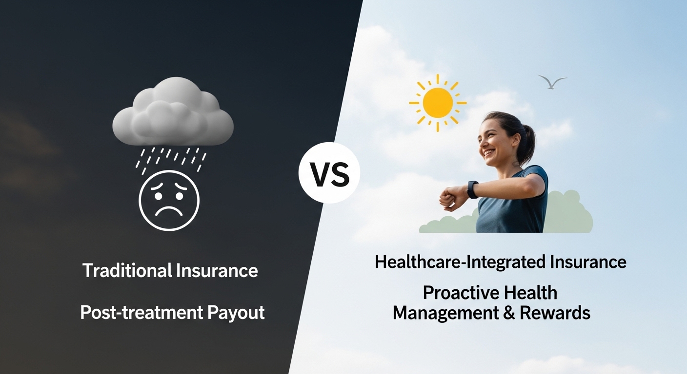 전통적 보험과 헬스케어 연계 보험을 비교하는 인포그래픽. 한쪽은 치료 후 보장을, 다른 쪽은 사전 건강 관리 및 보상을 보여준다.