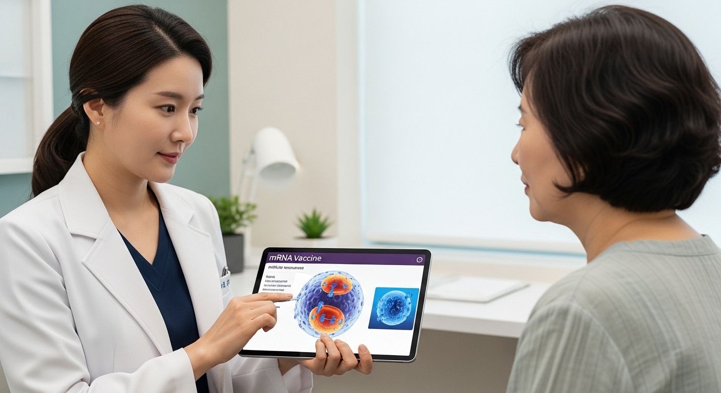 a touchscreen tablet while explaining an mRNA vaccine mechanism