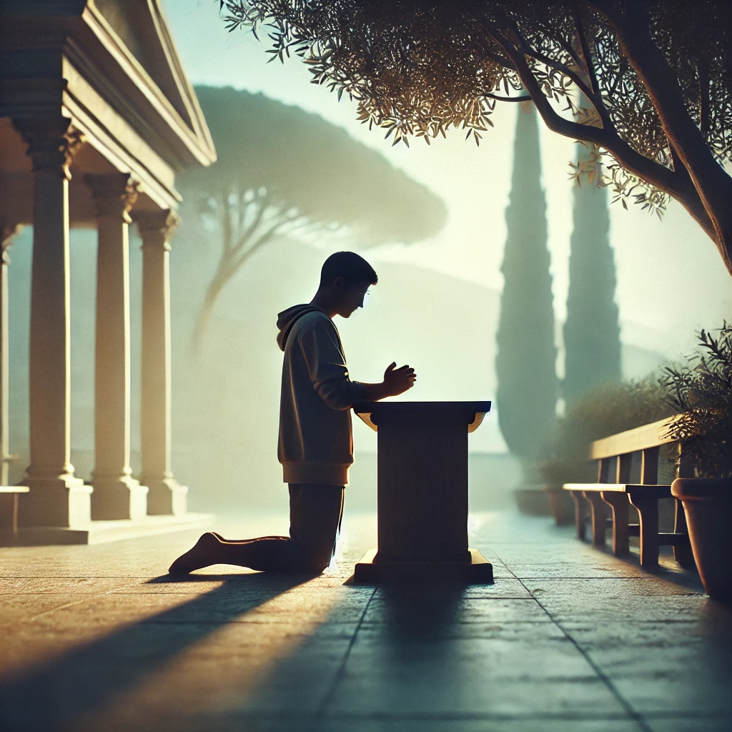 Here is the image depicting a person seeking holiness through prayer&amp;#44; standing in a peaceful&amp;#44; secluded setting. It reflects the sense of being set apart&amp;#44; focused on God&amp;#44; even in moments where others are present&amp;#44; conveying a deep desire for a pure and reverent connection.