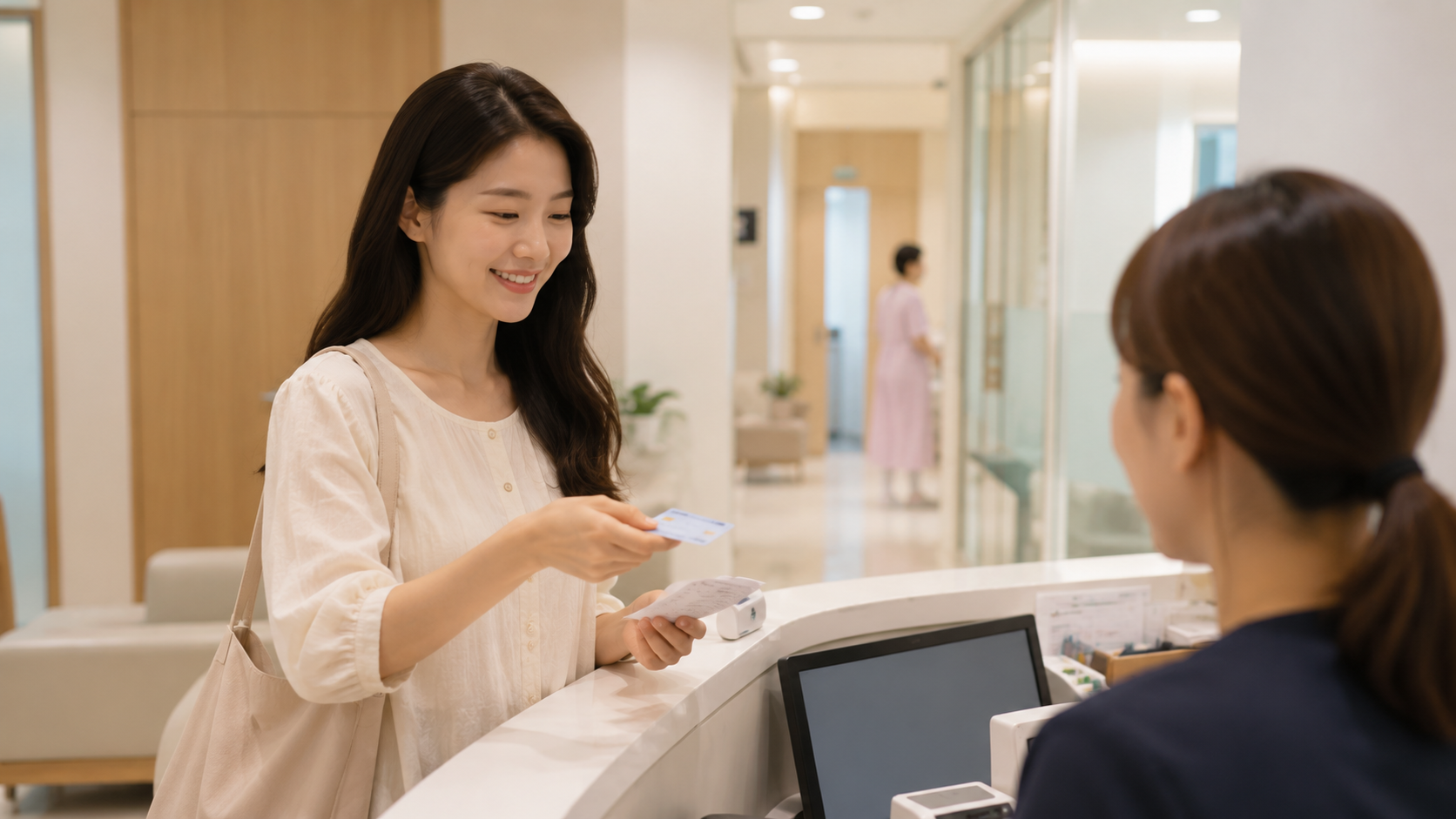 국민행복카드로 병원 진료비 결제를 준비하는 모습