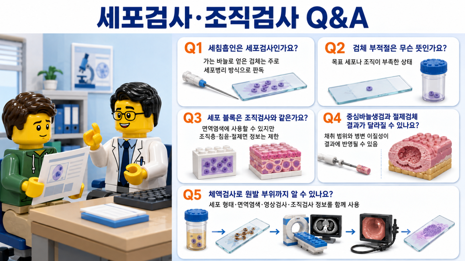 세침흡인과 검체 부적절, 세포 블록, 중심바늘생검과 절제검체, 체액검사의 원발 부위 확인을 정리한 세포&middot;조직검사 Q&amp;A 인포그래픽