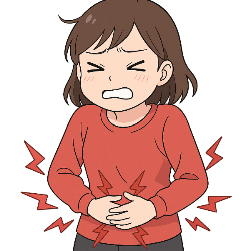 아이가 배가 아파하며 괴로워 하는 모습의 이미지