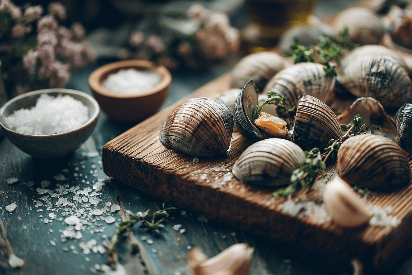 도마-위에-올려져-있는-조개-이미지