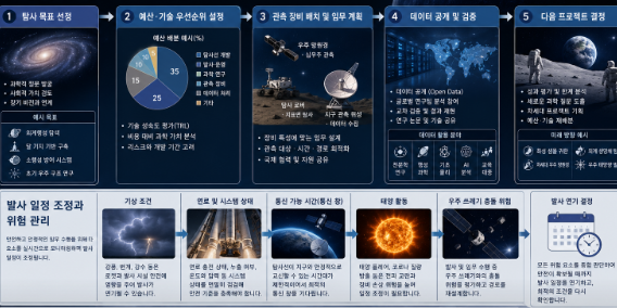 우주 탐사 목표 선정부터 발사 위험 관리 까지의 과정을 보여주는 이미지