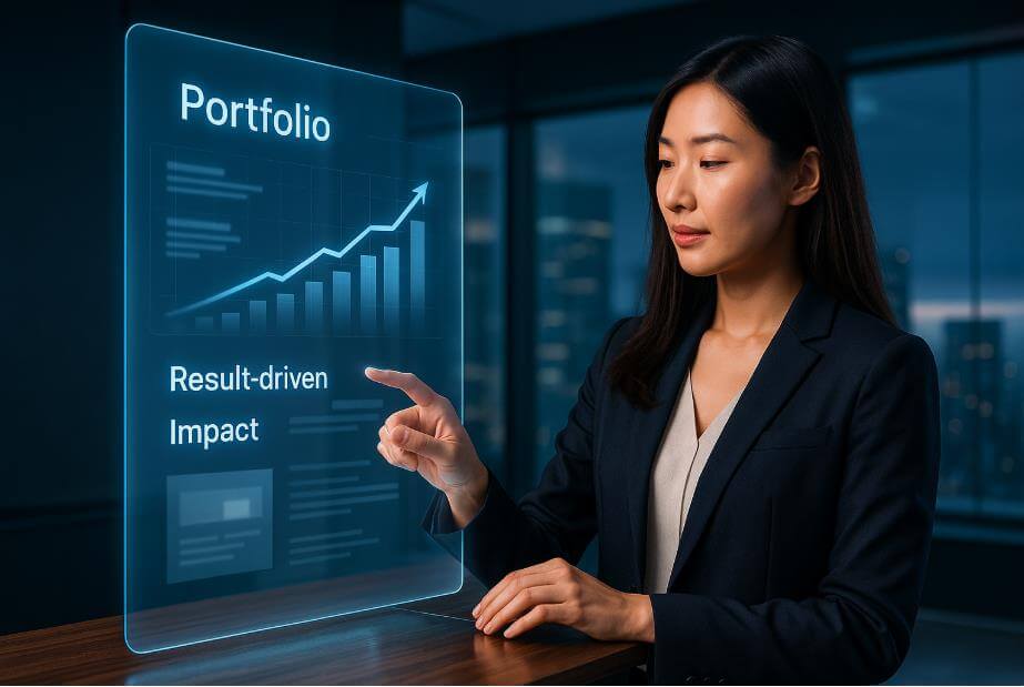 홀로그램 포트폴리오에서 성과 지표를 확인하는 장면.