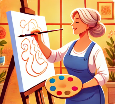 여성이 그림을 그리는 취미를 가지고 화폭에 그림을 그리고 있다