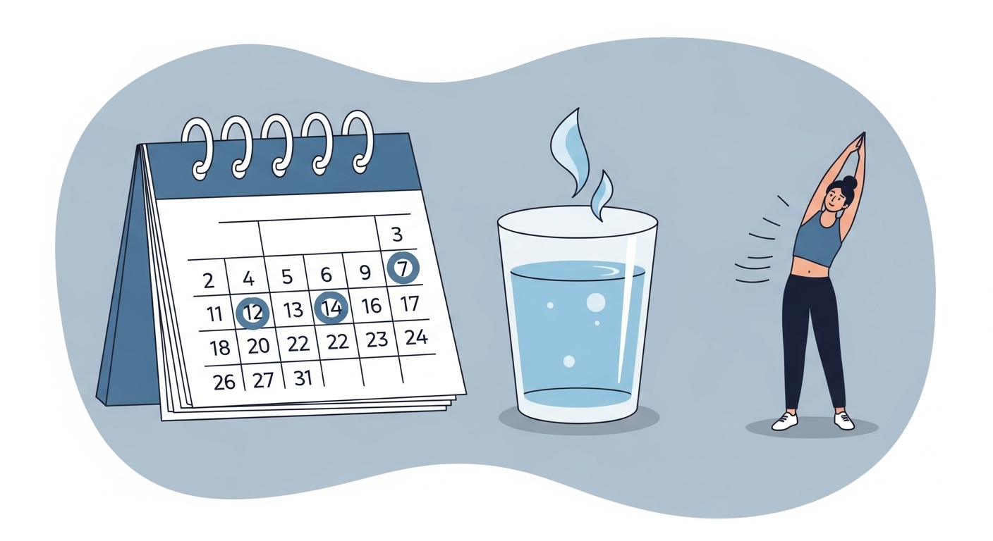 꾸준한 운동, 충분한 수분 섭취, 그리고 스트레칭의 중요성을 보여주는 일러스트. 갱년기 건강 관리에 필수적인 요소들입니다.