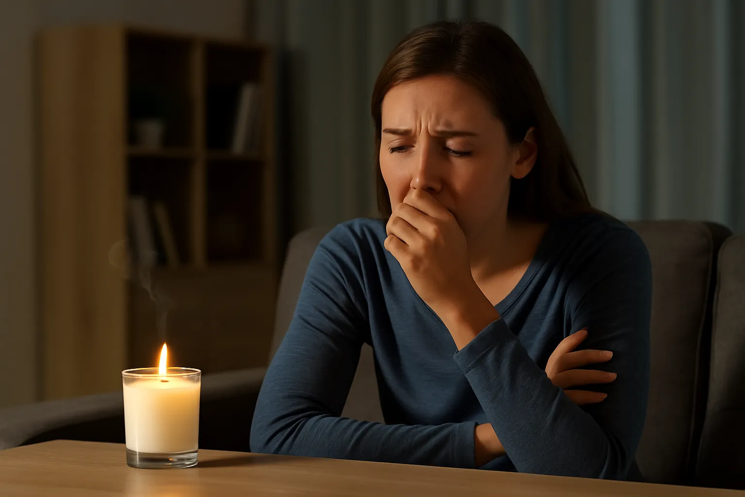 향초를-켜놓은-방에서-입을-가린-채-걱정스러운-표정을-짓는-여성의-모습