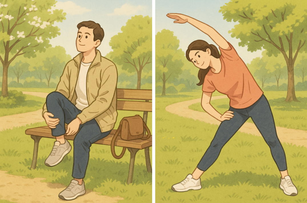 공원에서 벤치에 앉아 스트레칭하는 남성과 옆구리 스트레칭하는 여성의 모습