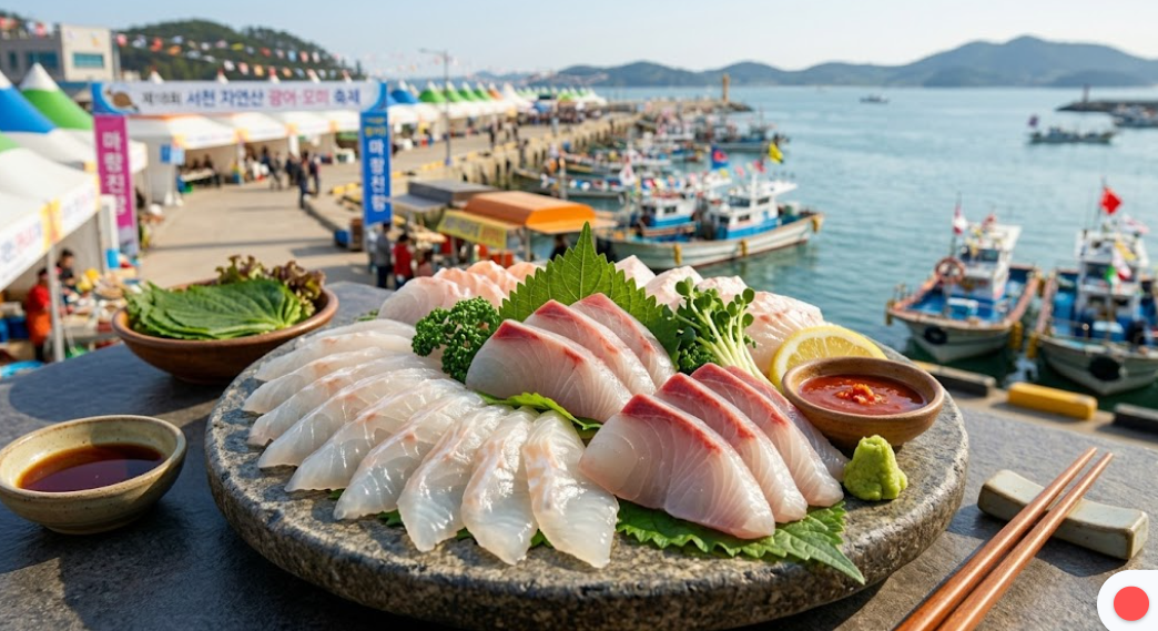 푸른 서천 바다를 배경으로 신선한 광어와 도미 회가 정갈하게 차려진 상차림