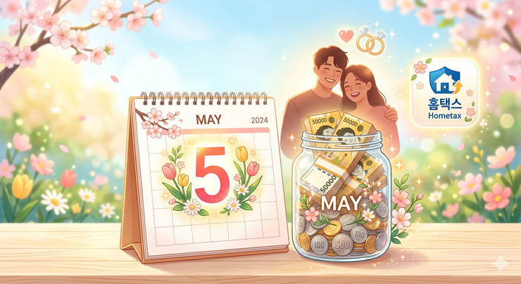 5월 종합소득세 신고와 신설된 결혼세액공제로 환급 목돈을 마련하는 행복한 부부를 시각화한 블로그 대표 이미지