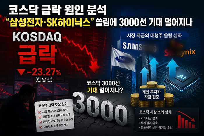 코스닥 급락 원인 분석 과 삼전닉스 쏠림을 표현한 이미지 입니다.