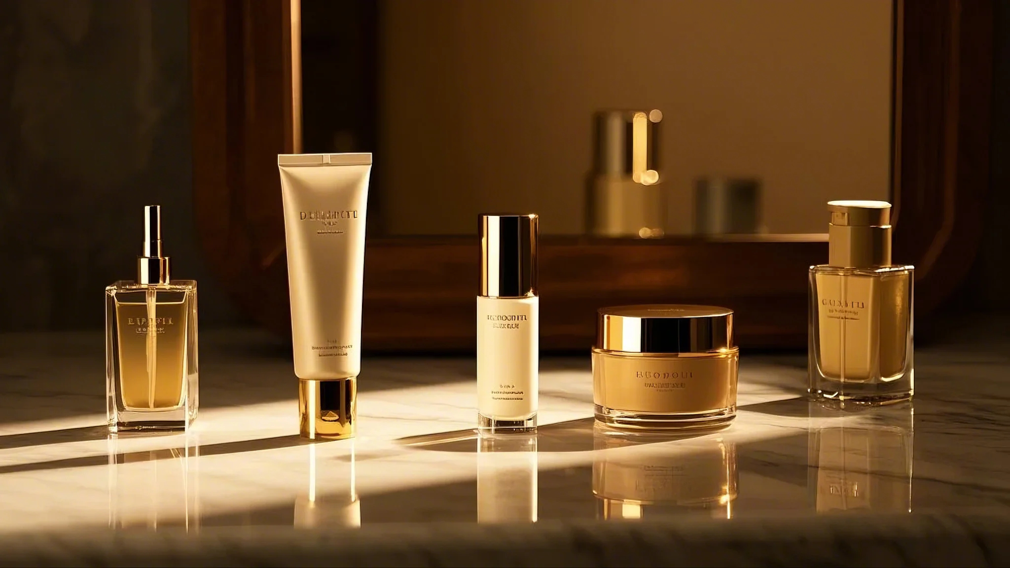 럭셔리한 화장품 제품들이 고급스러운 조명 아래 놓여 있는 모습.