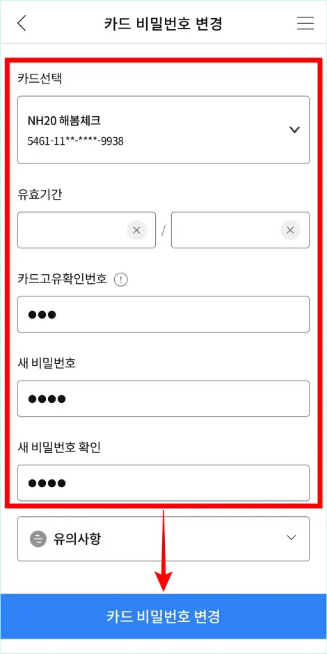 카드를 선택하고 유효기간과 카드고유확인번호, 새 비밀번호를 입력하고 '카드 비밀번호 변경'을 선택