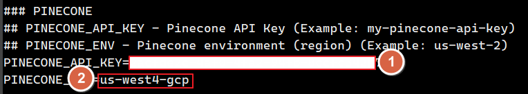 pinecone_apt_key와 pinecone_env 붙여넣기
