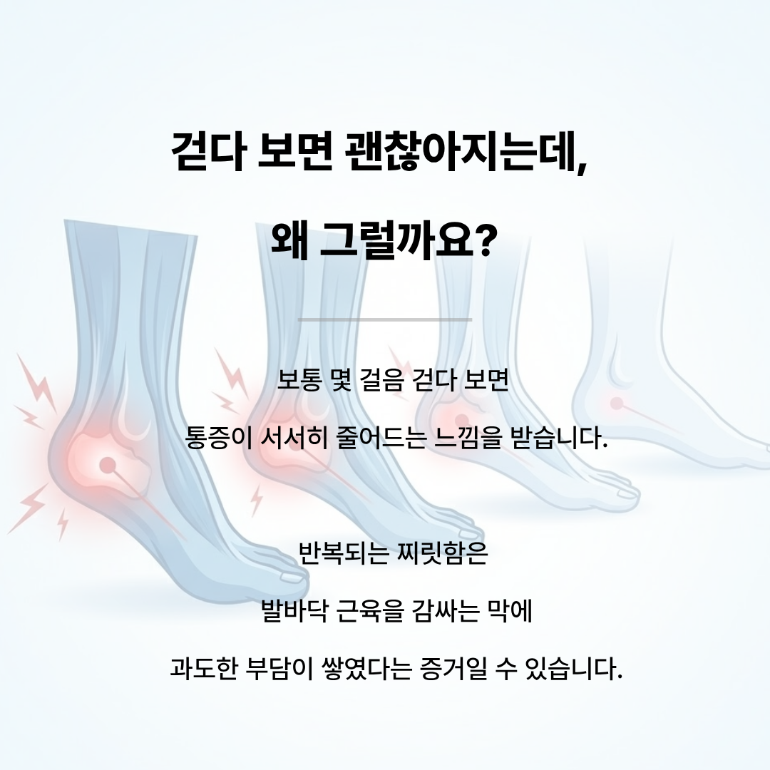 걷기 시작하면서 뒤꿈치의 붉은 통증 표전이 점차 사라지는 보행 과정 이미지
