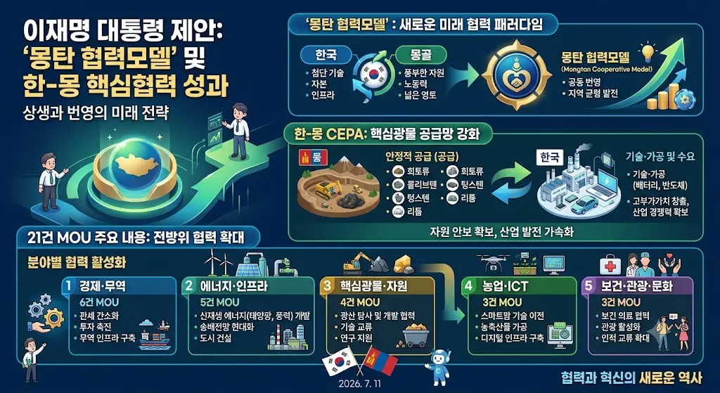 이재명 대통령이 제안한 몽탄 협력모델과 한몽 CEPA 핵심광물 공급망 및 21건 MOU 주요 내용