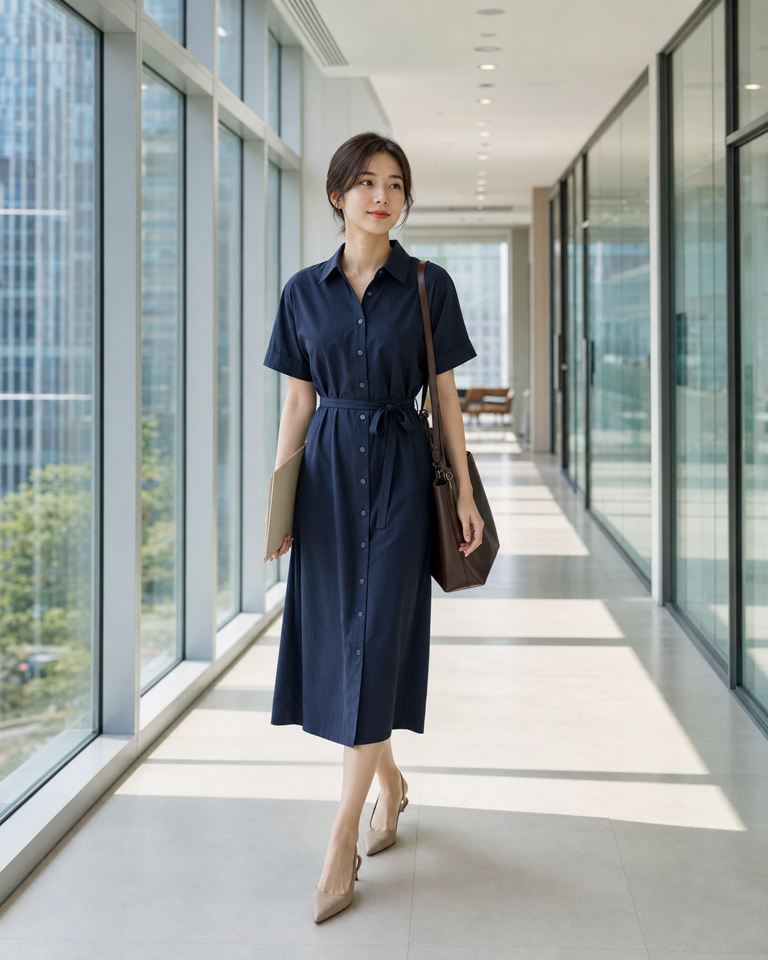출근 횟수가 많고 활용도를 우선한다면 소프트 네이비나 카키 브라운의 셔츠형 미디 원피스가 실용적입니다.