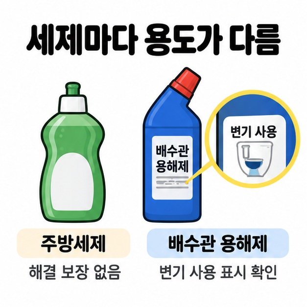 주방세제는 해결을 보장하지 않는다는 설명과 배수관 용해제의 변기 사용 표시를 확인하는 확대 그림을 비교한 이미지