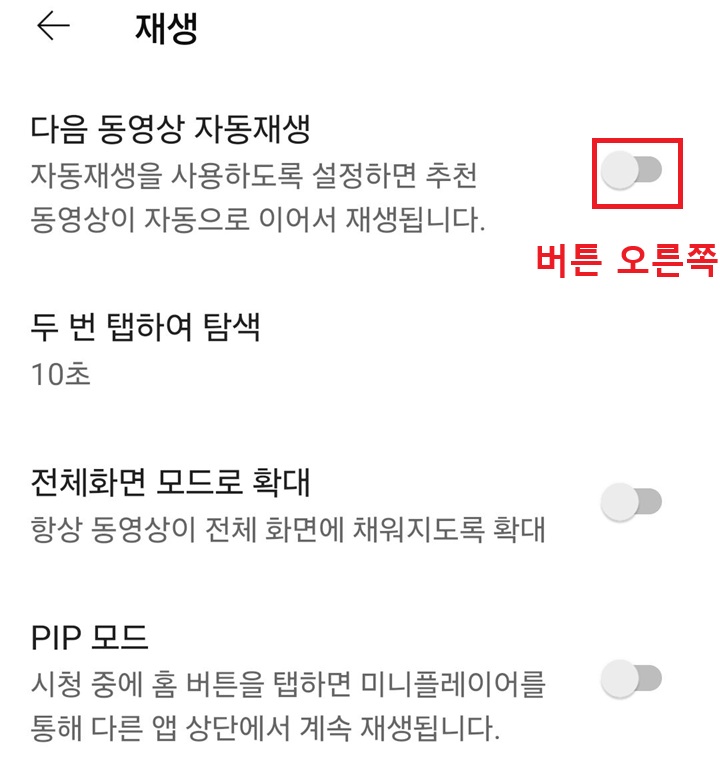 다음 동영상 자동 재생 메뉴 버튼 보임
