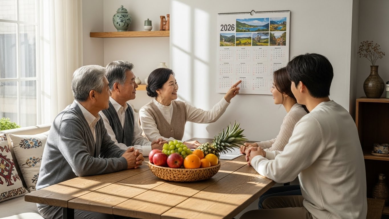 새해를 맞아 가족들이 모여 2026년 국가 건강검진 대상을 확인하고 함께 일정을 세우는 모습