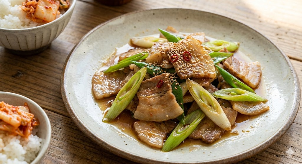 달콤한 대파 향이 돼지고기에 쏙 배어들어 감칠맛과 풍미가 폭발하는 밥도둑 돼지고기 파볶음