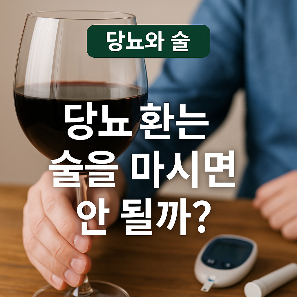 “테이블 위에 놓인 와인잔을 손으로 잡고 있는 장면. 배경에는 혈당 측정기가 놓여 있으며, 이미지 중앙에는 ‘당뇨와 술 – 당뇨환자는 술을 마시면 안 될까?’라는 문구가 에메랄드와 흰색 톤으로 적혀 있다. 따뜻한 조명 아래 건강 정보 느낌의 썸네일.”