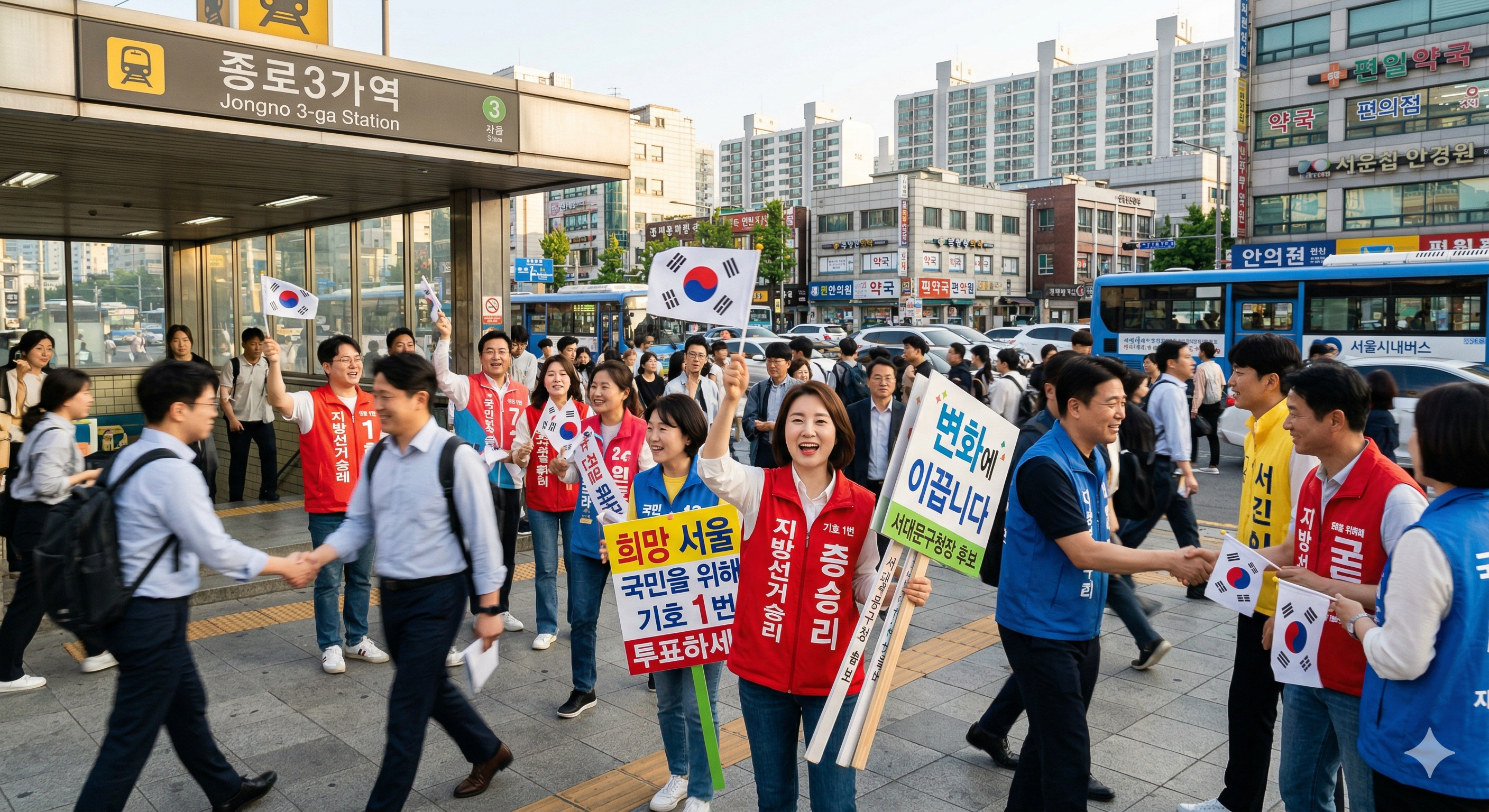 울의 한 지하철역 인근에서 아침 햇살을 받으며 정당 유세복을 입고 시민들에게 인사하는 선거 운동원들의 활기찬 모습. 피켓 홍보와 명함 배부 등 전형적인 지방선거 유세 현장의 에너지가 느껴지는 고해상도 사진