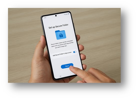 삼성 갤럭시 스마트폰의 보안폴더를 설정하는 사용자의 손 모습