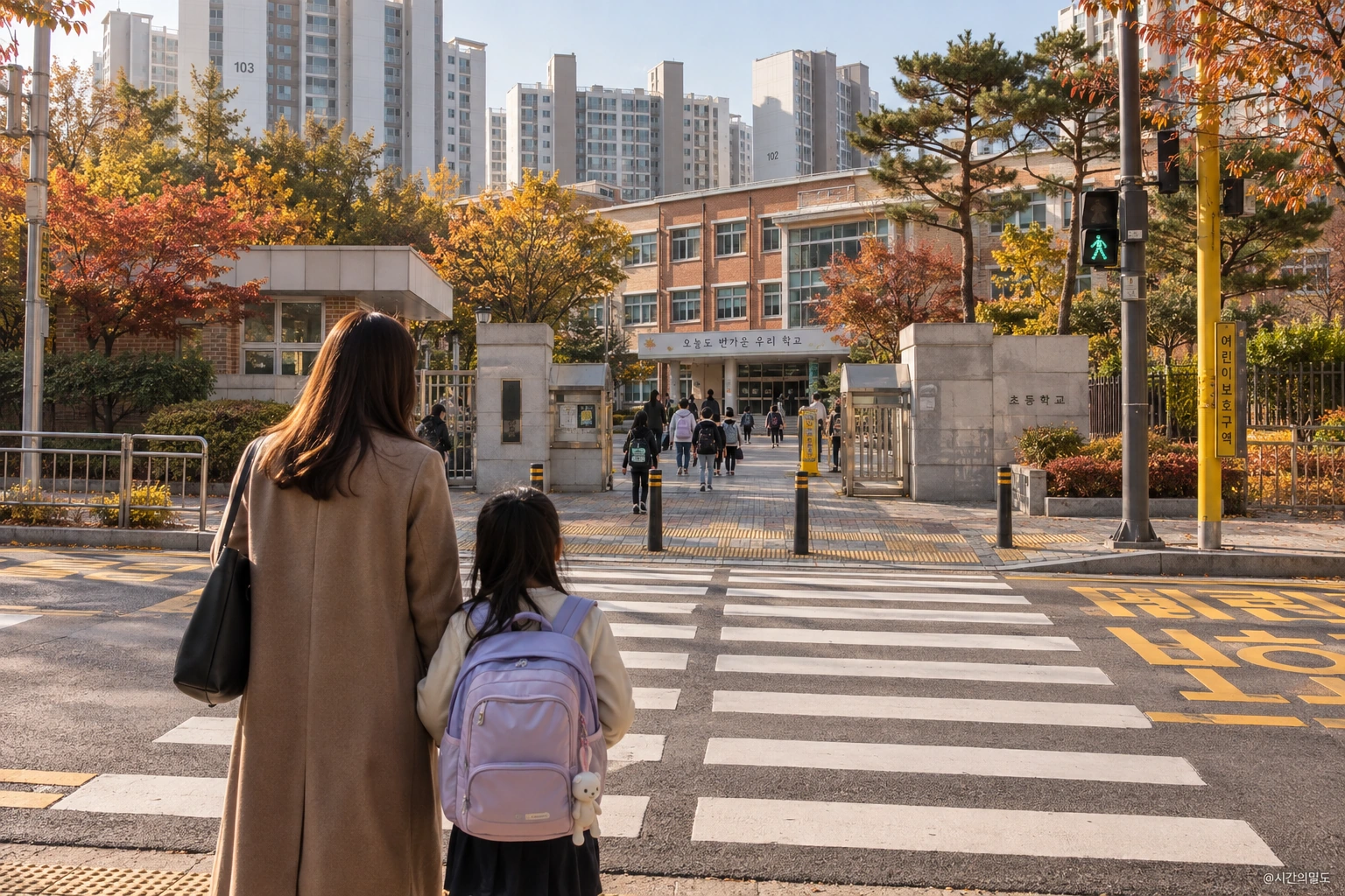 아파트 옆 초등학교와 보행로를 바라보는 부모와 아이